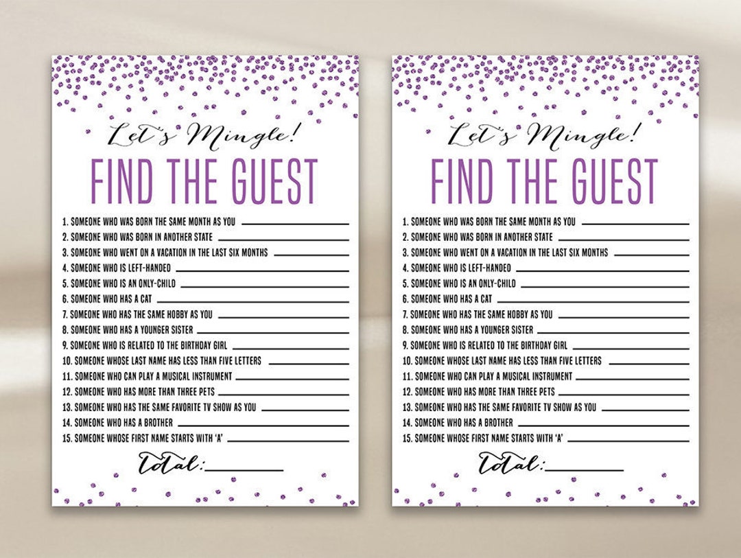 Purple Find the Guest, Find the Guest Game Card, Birthday Quiz, Girl ...
