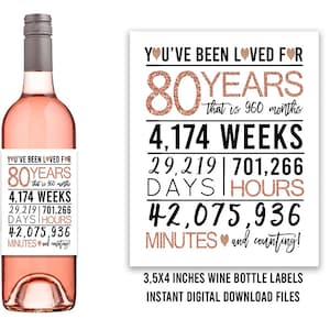 Rose Gold 80th Birthday Wine Bottle Labels, PRINTABLE Wine Bottle Labels, Cheers to 80 Years, Happy 80th birthday, Printable 80th Birthday