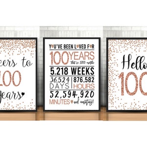 Decoración del cumpleaños número 100, paquete de signos de cumpleaños número 100, saludos a 100 años, hola 100, oro rosa 100 signos de cumpleaños, 100 aniversario