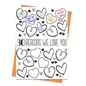 30th Birthday Card, Printable Birthday Card, 30th Birthday Printables, Greeting card printables, 30 Reasons We Love You Birthday Card Files