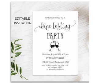May include: Editable invitation for a wine tasting party. The invitation features a black and white illustration of two wine glasses clinking. The text reads "You are invited to a wine tasting party" and includes the date, time, location, and RSVP information.