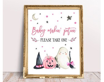 ピンクのハロウィン記念サイン、赤ちゃんのポーション作り、印刷可能なパーティーデコレーション、記念品プリント、ハロウィンのベビーガールシャワー、Little Boo is Due、インスタント