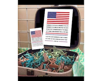 May include: A vintage suitcase with a patriotic theme. The suitcase is open and filled with toy soldiers. A sign inside the suitcase reads "Remember the fallen, remember the lost. Remember the families who paid the cost. We are free to roam because of the brave. Let's thank them everyday for all they gave. Place this soldier somewhere at home to remind you to pray for those serving our country today as we play."