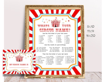 Circus Name Sign and Card, Printable, Circus Names Poster, What's your Circus Name? Birthday Decor, Party Decor, Carnival Birthday Gift