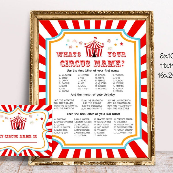 Circus Name Sign and Card, Printable, Circus Names Poster, What's your Circus Name? Birthday Decor, Party Decor, Carnival Birthday Gift