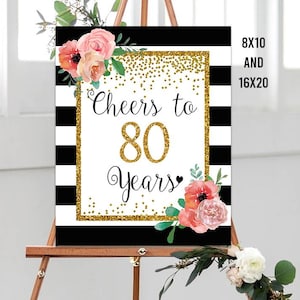 Cheers to 80 Years, 8x10, 16x20, Placa de aniversário de 80 anos, Placa de aniversário de 80 anos, Decoração de festa de aniversário de confete dourado, Placa de aniversário de 80 anos, presente