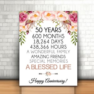 Happy 50th Anniversary, 8x10, 16x20, Cheers to 50 Years, 50th Wedding Anniversary, Gold Floral Anniversary Party Decoration, Milestone
