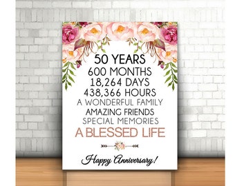 Happy 50th Anniversary, 8x10, 16x20, Cheers to 50 Years, 50th Wedding Anniversary, Gold Floral Anniversary Party Decoration, Milestone