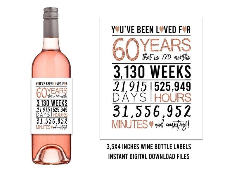 Rose Gold 60th Birthday Wine Bottle Labels, PRINTABLE Wine Bottle Labels, Cheers to 60 Years, Happy 60th birthday, Printable 60th Birthday image 1