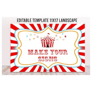 Editable Carnival Party Sign, 11x17, Printable Circus Welcome Sign, Carnival Birthday Template, Custom Circus Party Sign, Red White Stripy