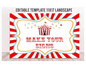 Editable Carnival Party Sign, 11x17, Printable Circus Welcome Sign, Carnival Birthday Template, Custom Circus Party Sign, Red White Stripy
