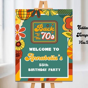 Letrero de bienvenida de fiesta retro editable, letrero de bienvenida floral imprimible, plantilla de cumpleaños retro, letrero de bienvenida de fiesta retro, regalo de regreso a los años 70