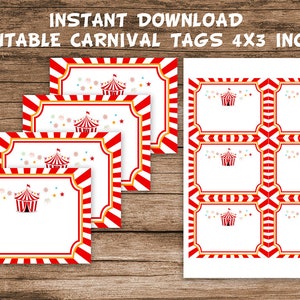 Etiquetas de cumpleaños de carnaval, etiquetas temáticas de carnaval imprimibles, etiquetas de circo en blanco, tarjetas de lugar de buffet, etiquetas de menú de tienda de mesa, decoración de circo