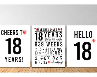 Pode incluir: Três impressões quadradas brancas com texto preto e detalhes de coração vermelho. As impressões dizem "CHEERS TO 18 YEARS!", "YOU'VE BEEN LOVED FOR 18 YEARS" e "HELLO 18". A segunda impressão inclui o número de meses, semanas, dias, horas e minutos.