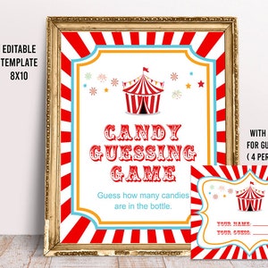 Editable Carnival Baby Shower, Candy Guessing Game, Printable Baby Games, Circus Candy Guessing, Baby Shower Game, Baby Guess How Many, Gift