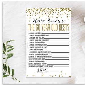 Juego de cumpleaños número 60 de oro, imprimible, actividad para fiesta de cumpleaños número 60, juego de fiesta de 1963, trivia sobre el cumpleaños número 60, quién conoce al mejor juego de 60 años