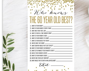 Gold 60th Birthday Game, Printable, 60th Birthday Party Activity, 1963 Party Game, 60th Birthday Trivia, Who Knows the 60 Year Old Best Game