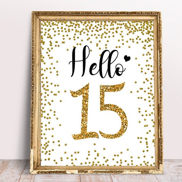 15th Birthday Sign, Hello 15, Cheers to 15 Years, gold 15th birthday, printable happy 15th, 15th birthday party, printable 15th party, 15th