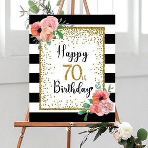 Floral 70th Birthday Sign, Cheers to 70 Years, 8x10, 16x20, 70th Anniversary Sign, Gold confetti Birthday. Gold Happy 70th Birthday Decor