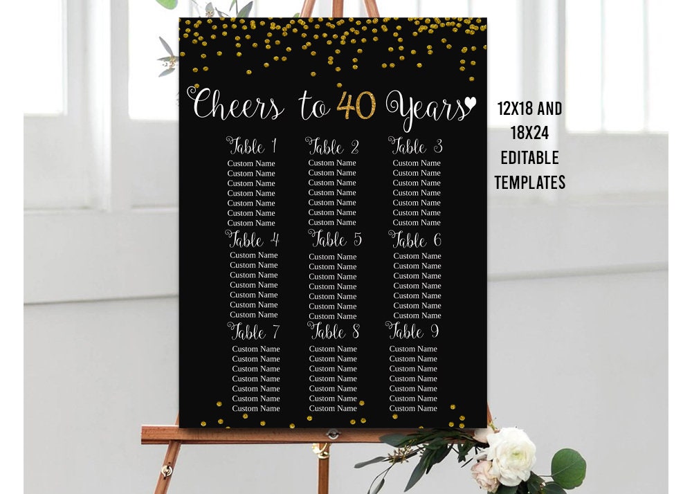EDITABLE 40th Birthday Seating Chart, Printable Gold Seating, Gold ...