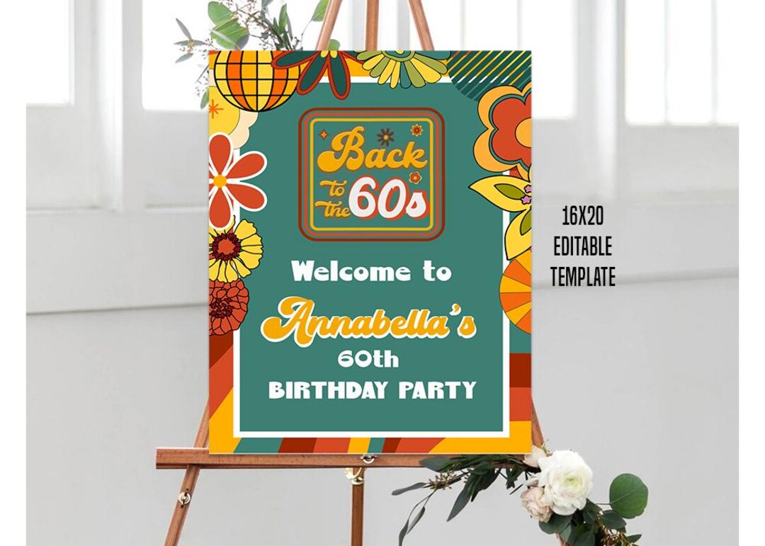 Editable Retro Party Welcome Sign, Printable Floral Welcome Sign, Retro ...