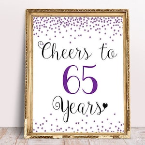 Cheers to 65 Years, 65th Birthday Sign, 65th Anniversary Sign, Purple confetti Birthday Party Decoration, Party Decor, Purple 65th Birthday