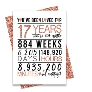 Rose Gold 17. Geburtstagskarte, Printable Geburtstagskarte, 17. Geburtstag Printables, Grußkarte Printables, Rose 17. Geburtstag, 17. Herz