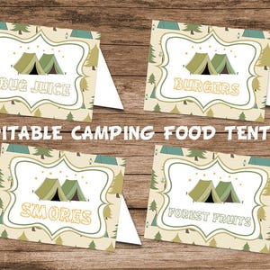 Tentes de nourriture d'anniversaire de camping, étiquettes de nourriture Happy Camper, marque de place pour campeur, 1ère carte de camping s'more, téléchargement imprimable modifiable, cadeau de camping