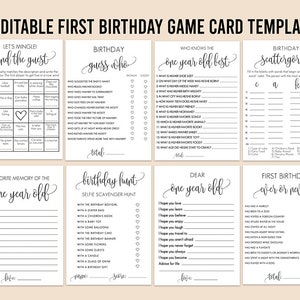 Modern 1st Birthday Games Bundle, 8 Editable Games, Personalize Name Questions, First Bday Printable, Modern Calligraphy, Minimalist, Rustic