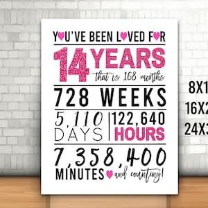 Hot Pink 14th Birthday Sign, You Have Been Loved For 14 Years Sign, Pink 14th, Cheers to 14 Years, Happy 14th birthday, Imprimable 14th Sign
