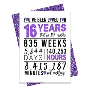 Violet 16e anniversaire carte, carte d'anniversaire imprimable, 16e anniversaire imprimables, carte de voeux imprimable, violet 16e anniversaire, 16e coeur bday
