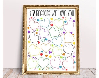 17 Reasons We Love You, 8x10, 11x14, 16x20, Birthday Gift For Her, For Him, 17th birthday gift, printable 17 reasons, rainbow