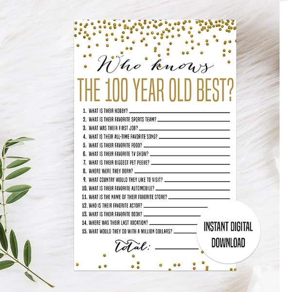 Gold 100th Birthday Game, Printable, 100th Birthday Party Activity, 100th Party Game, 100th Birthday Trivia, Who Knows the 100 Year Old Best