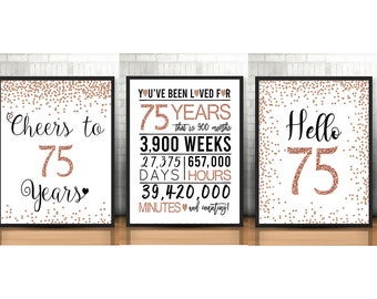 75th Birthday Decoration, 75th Birthday Signs Bundle, Cheers to 75 Years, Hello 75, Gold 75th Birthday Signs, 75th anniversary sign pack