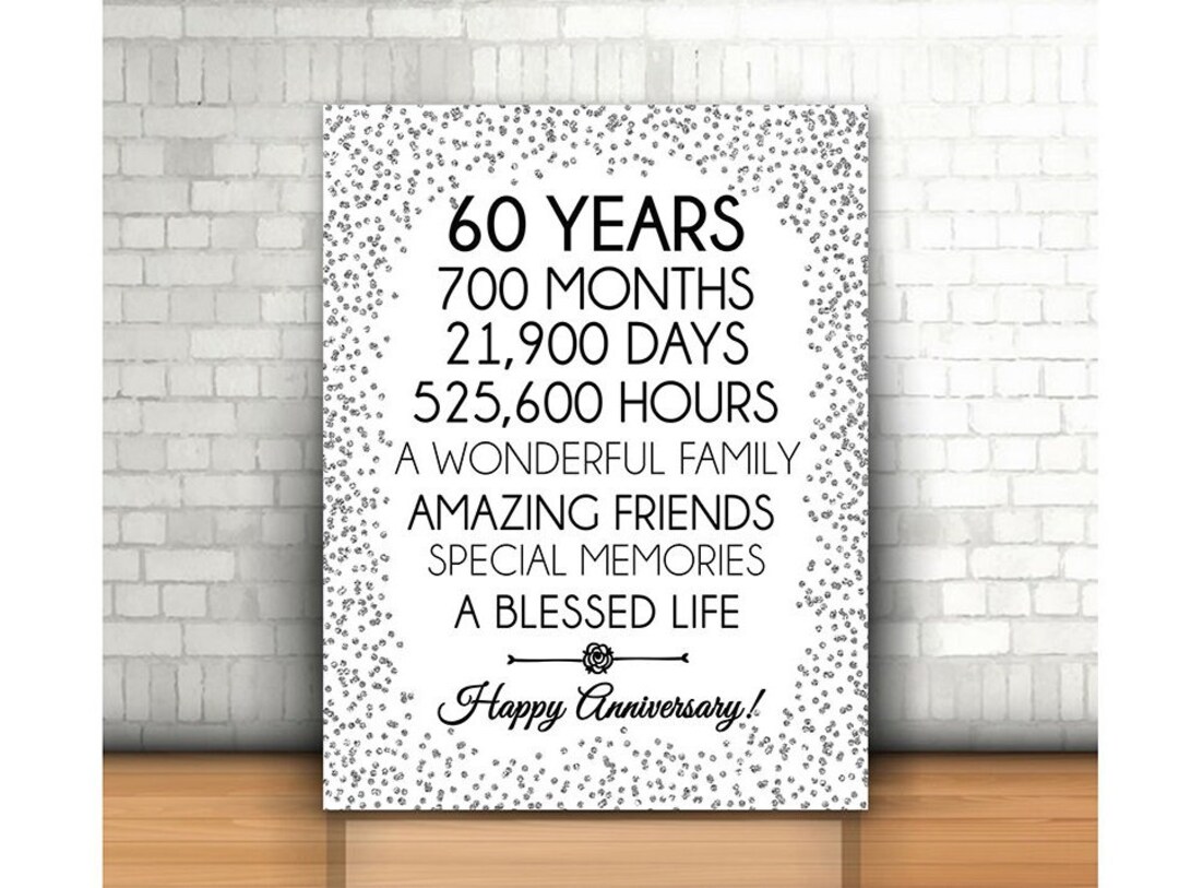 60th Anniversary Sign, 8x10, 60th Party Decoration, 60th Silver Sign ...