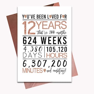 Rose Gold 12th Birthday Card, Printable Birthday Card, 12th Birthday Printables, Greeting card printables, rose 12th birthday, 12th heart