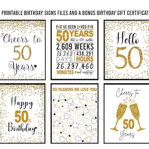 Gold 50th Birthday Signs Bundle, Cheers to 50 Years, Hello 50, Happy 50th Bday, Gold 50th Birthday Signs, 50th Birthday Package, Milestone