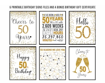 Gold 50th Birthday Signs Bundle, Cheers to 50 Years, Hello 50, Happy 50th Bday, Gold 50th Birthday Signs, 50th Birthday Package, Milestone