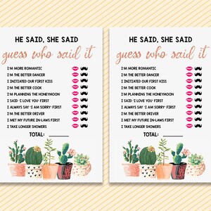Bridal Shower Games,  Rose Gold He Said She Said, Printable Fiesta Bridal Shower Game, Succulent guess who said it, Cactus printable games