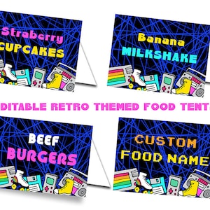 Editable Retro Party Food Tent, Printable, Back to the 80s 90s Food Tent Template, Retro Birthday Decoration, Instant Retro Party Decor