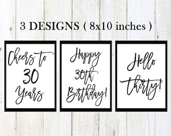 30th birthday signs, happy 30th birthday, cheers to 30 years, 30th birthday party decor, black and white, printable birthday signs, bundle