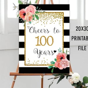 Cheers to 100 Years, 20x30, 100th Birthday Sign, 100th Anniversary Sign, Gold confetti Birthday Party Decoration, 100th birthday decoration
