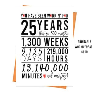 Tarjeta de aniversario laboral número 25, tarjeta de aniversario IMPRIMIBLE, tarjeta de aniversario laboral número 25, tarjetas de felicitación imprimibles, tarjeta de aniversario de último minuto, regalo