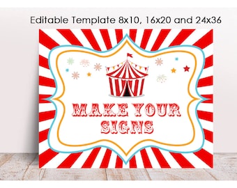 Puede incluir: Un cartel imprimible con un fondo a rayas rojo y blanco. El cartel tiene un borde blanco con un ribete azul y amarillo. El cartel dice "Make Your Signs" con un gráfico de carpa de circo roja en el centro.