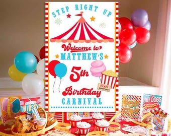 Toile de fond modifiable de fête d'anniversaire de carnaval, cirque à imprimer, modèle d'anniversaire d'enfants, fête foraine, toile de fond de cirque, cadeau d'anniversaire de carnaval