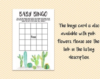 Puede incluir: Una tarjeta de bingo de bebé imprimible con un tema de cactus. La tarjeta tiene una cuadrícula de 5x5 con espacios para regalos. El espacio libre está en el centro. La tarjeta está decorada con cactus verdes y marrones.