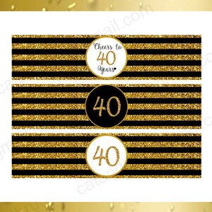 Gold 40th Birthday Water Bottle Labels, 40th Birthday Decoration, Cheers to 40 Years, Gold 40th Birthday Signs, 40th Milestone Birthday
