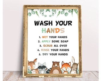 Woodland Wash Your Hands Sign - Kids Bathroom Art - Wash Hands Sign - Classroom Sign - Teacher Classroom Decor - Classroom Rules - Printable