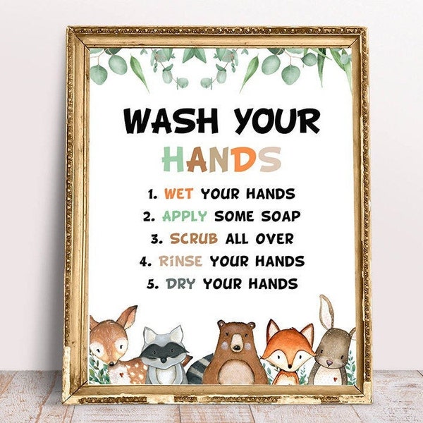 Woodland Wash Your Hands Sign - Kids Bathroom Art - Wash Hands Sign - Classroom Sign - Teacher Classroom Decor - Classroom Rules - Printable