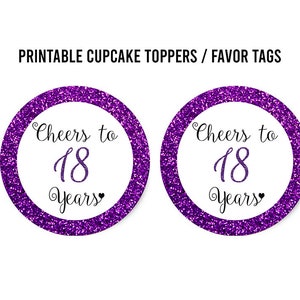 Purple 18th Birthday Decoration, Cheers to 18 Years Cupcake Toppers, Happy Birthday favor tags, 18th Birthday Party Decor, Funny Birthday